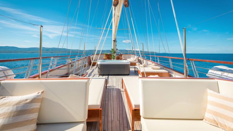 While cruising on the sea, you can enjoy the sun on the deck on the lounge or in the whirlpool.